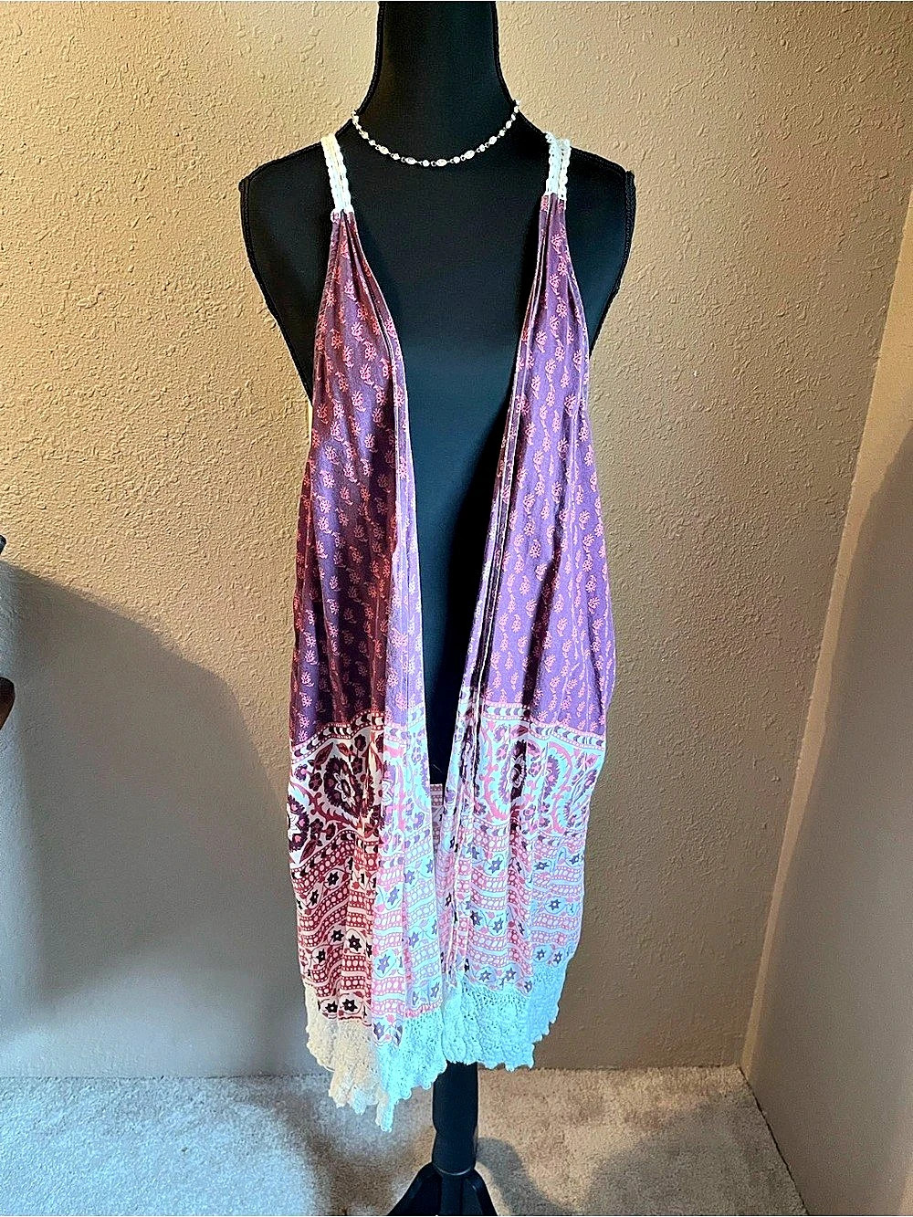 DIZZIRE Floral Boho Lace sleeveless Cardigan  100% Cotton Size XL